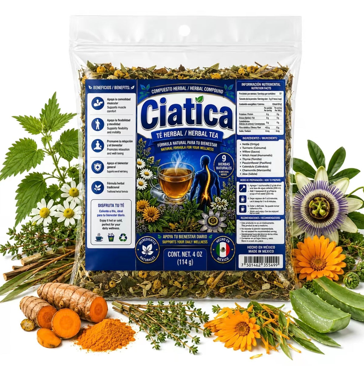 Ciatica Herbal Tea – Traditional 9-Herb Loose-Leaf Blend with Nettle, Turmeric, Willow, Witch Hazel, Passionflower, Calendula & Chamomile, 4 oz