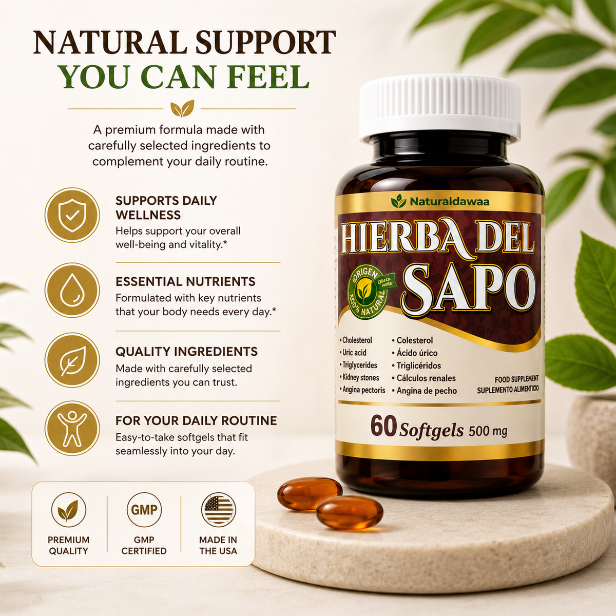 Hierba del Sapo Herbal Dietary Supplement, Traditional Plant-Based Daily Wellness Formula, 60 Softgels, 500 mg Each