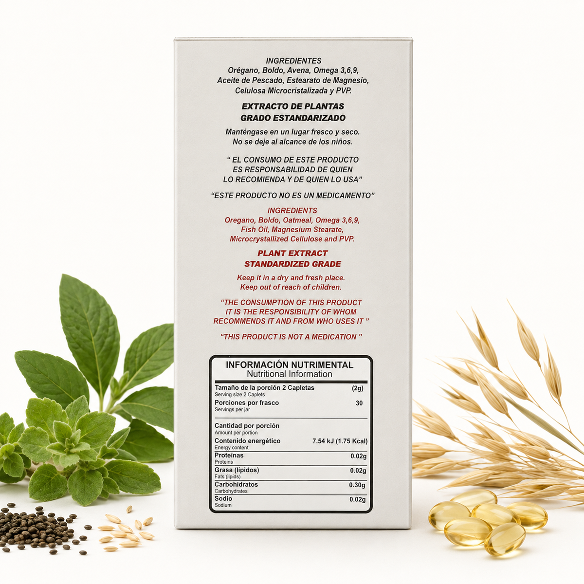 Cholesterol & Triglycerides Standardized Plant Extract Dietary Supplement – 60 Caplets, 1 g – Oregano, Boldo, Oatmeal, Omega 3-6-9 & Fish Oil