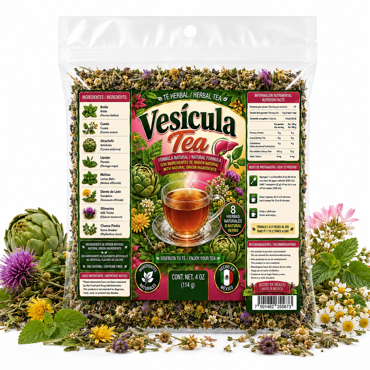 Vesicula Herbal Tea – Caffeine-Free 8-Herb Loose-Leaf Blend with Boldo, Quassia, Artichoke, Plantain, Dandelion, Milk Thistle & Chanca Piedra, 4 oz