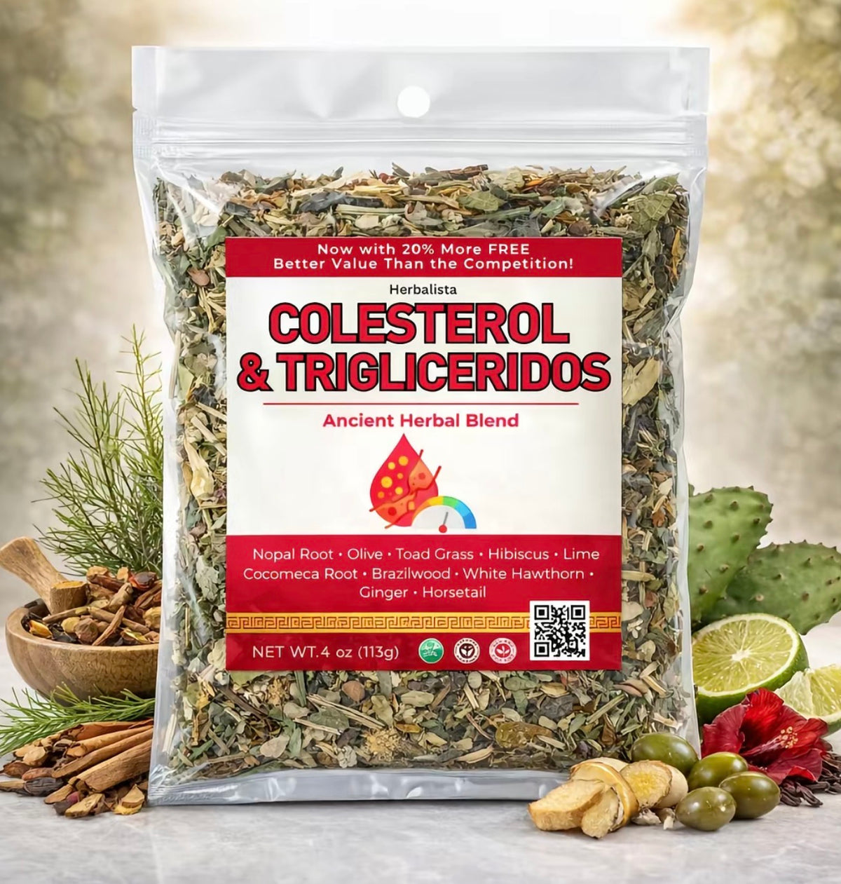 Herbalista Colesterol & Triglicéridos Ancient Herbal Blend – Nopal Root, Hibiscus, Ginger, Horsetail & More, Extra Jumbo 5 oz