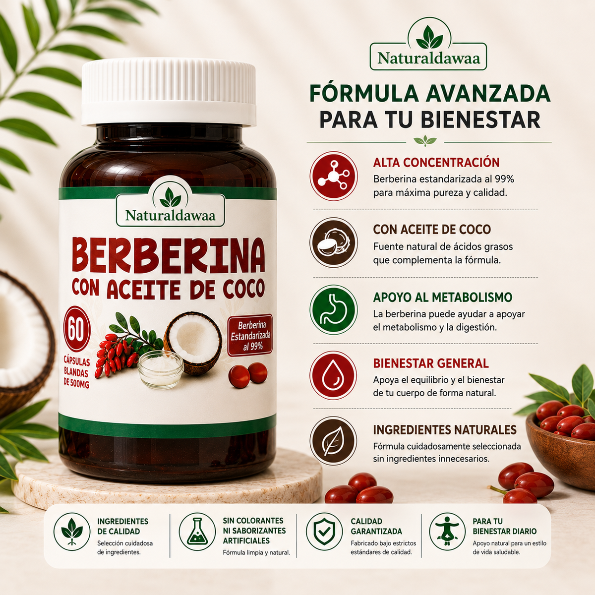 Berberine with Coconut Oil, 99% Standardized Berberine Dietary Supplement, 60 Softgels, 500 mg Each