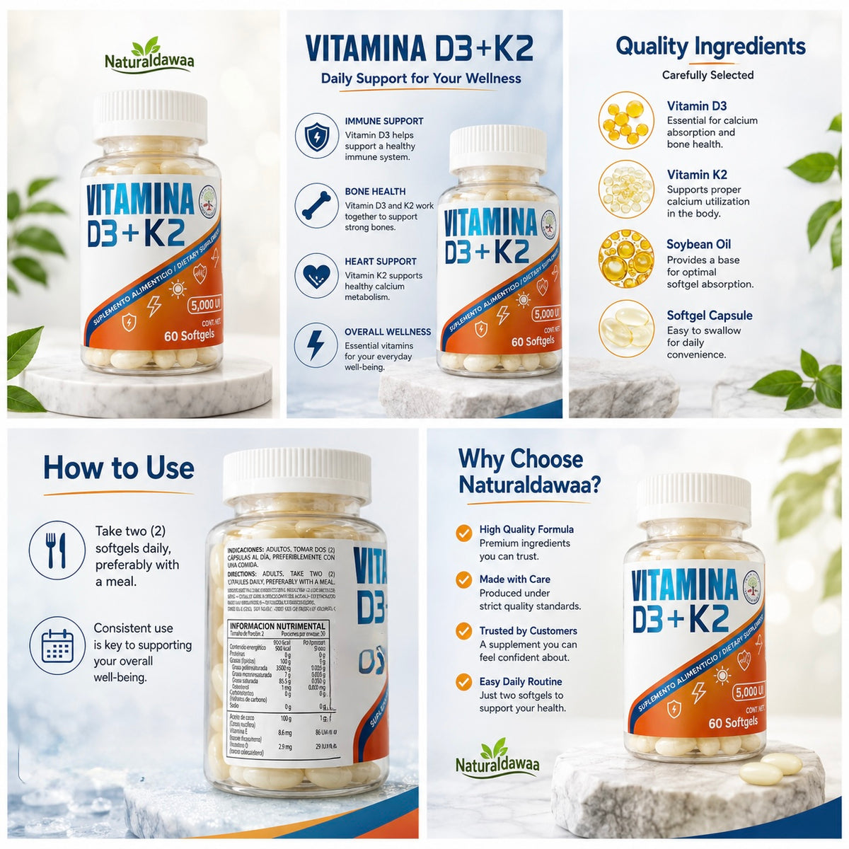 Vitamin D3 + K2 Dietary Supplement, 5,000 IU – 60 Easy-to-Take Softgels