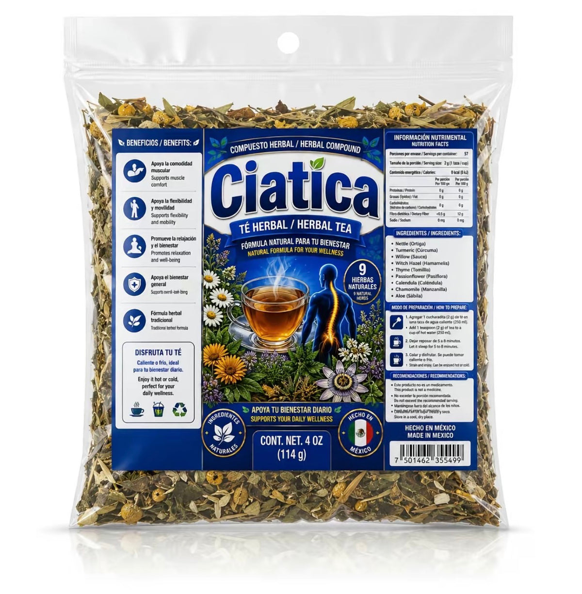 Ciatica Herbal Tea – Traditional 9-Herb Loose-Leaf Blend with Nettle, Turmeric, Willow, Witch Hazel, Passionflower, Calendula & Chamomile, 4 oz