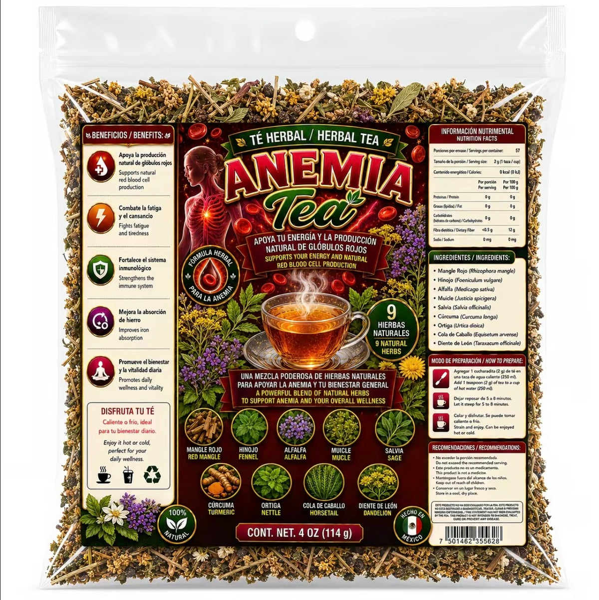 Anemia Tea Herbal Tea – Traditional 9-Herb Loose-Leaf Blend with Red Mangle, Fennel, Alfalfa, Muicle, Sage, Turmeric, Nettle, Horsetail & Dandelion, 4 oz