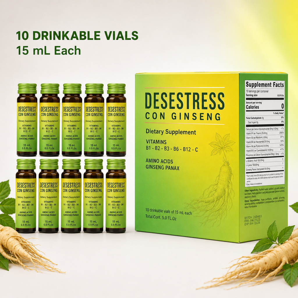 DeseStress con Ginseng Oral Dietary Supplement – Vitamins B1, B2, B3, B6 and B12, 10 Drinkable Vials, 15 mL Each
