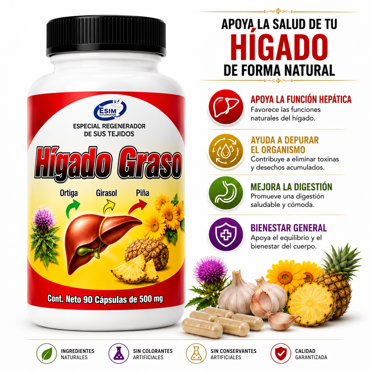 Higado Graso Herbal Dietary Supplement with Nettle, Sunflower and Pineapple, Botanical Wellness Blend, 90 Capsules, 500 mg Each