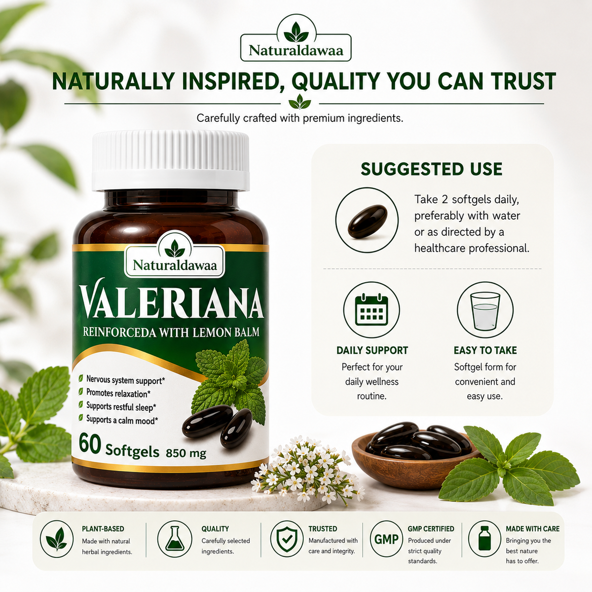 Valerian Root with Lemon Balm Supplement, Relaxation and Restful Sleep Support, Plant-Based Formula, 60 Softgels, 850 mg