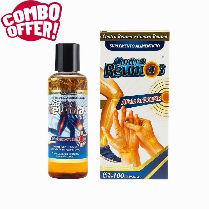 Contra Reumass Antioxidant Supplement Combo – 100 Capsules & Aceite Contra Reumas with Glucosamine, Collagen, Vitamin C, Omega 3, Sugar Free