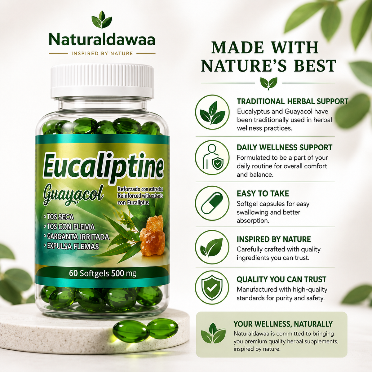 Eucaliptine Guaiacol with Eucalyptus Extracts, Herbal Respiratory Wellness Formula, 60 Softgels, 500 mg Each
