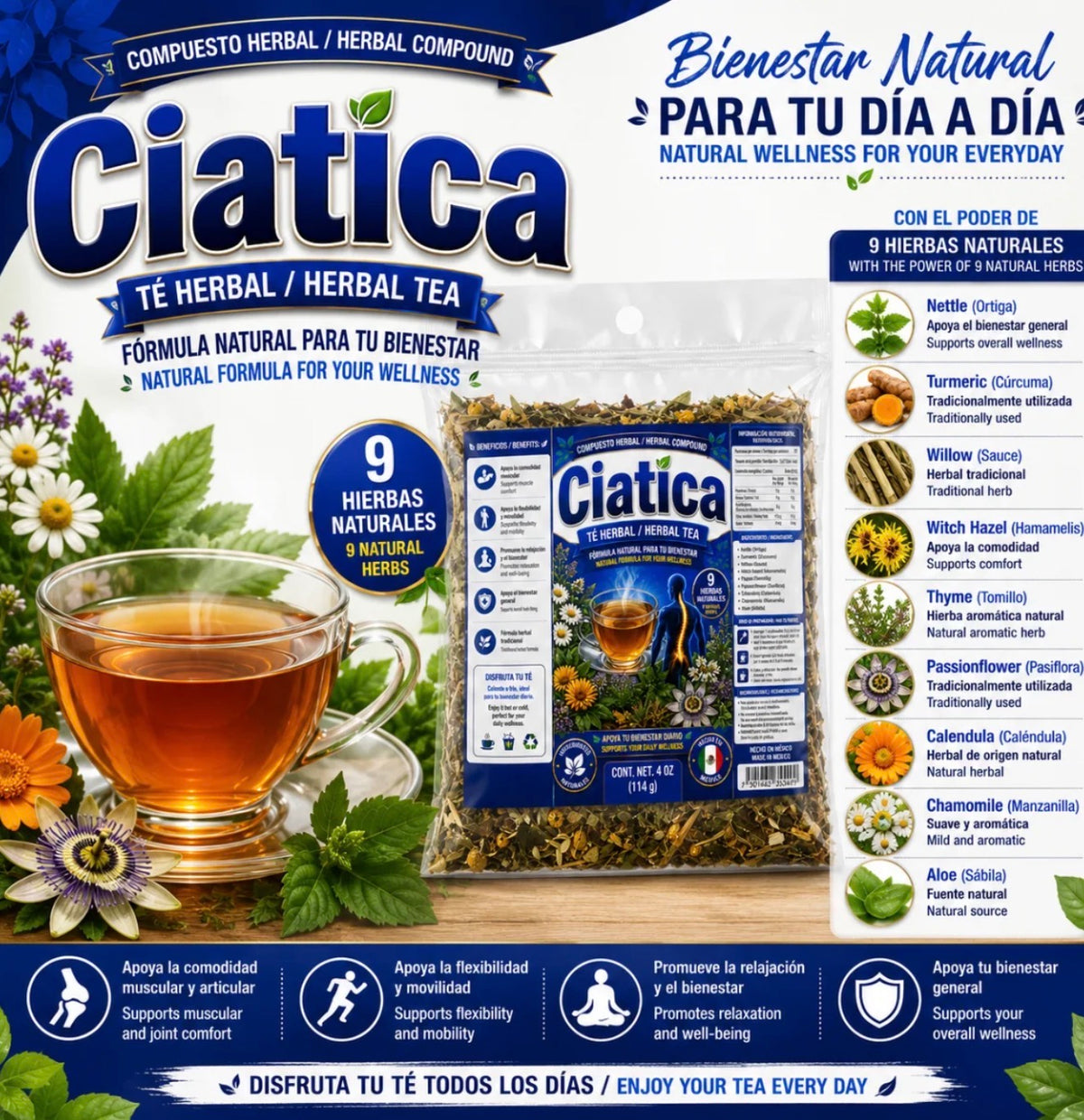 Ciatica Herbal Tea – Traditional 9-Herb Loose-Leaf Blend with Nettle, Turmeric, Willow, Witch Hazel, Passionflower, Calendula & Chamomile, 4 oz