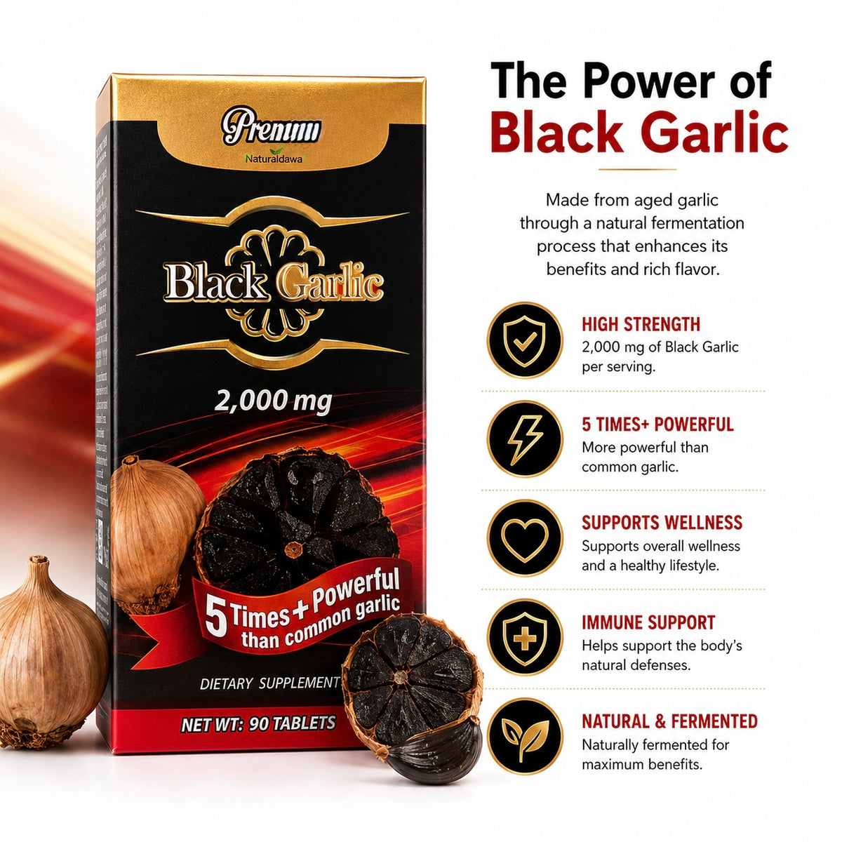 Premano Black Garlic Dietary Supplement, Concentrated 2,000 mg Formula, Daily Wellness Support, 90 Tablets
