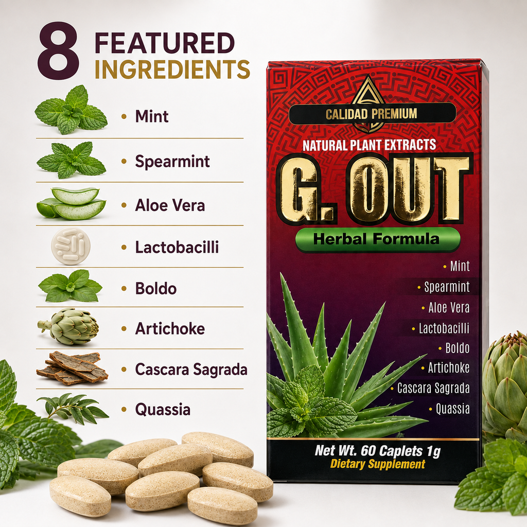 G. OUT Herbal Formula Natural Plant Extract Dietary Supplement – 60 Caplets, 1 g – Mint, Aloe Vera, Artichoke, Boldo & Lactobacilli