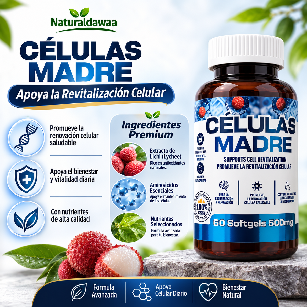 Células Madre Dietary Supplement, Premium Daily Wellness Softgel Formula, 60 Softgels, 500 mg Each