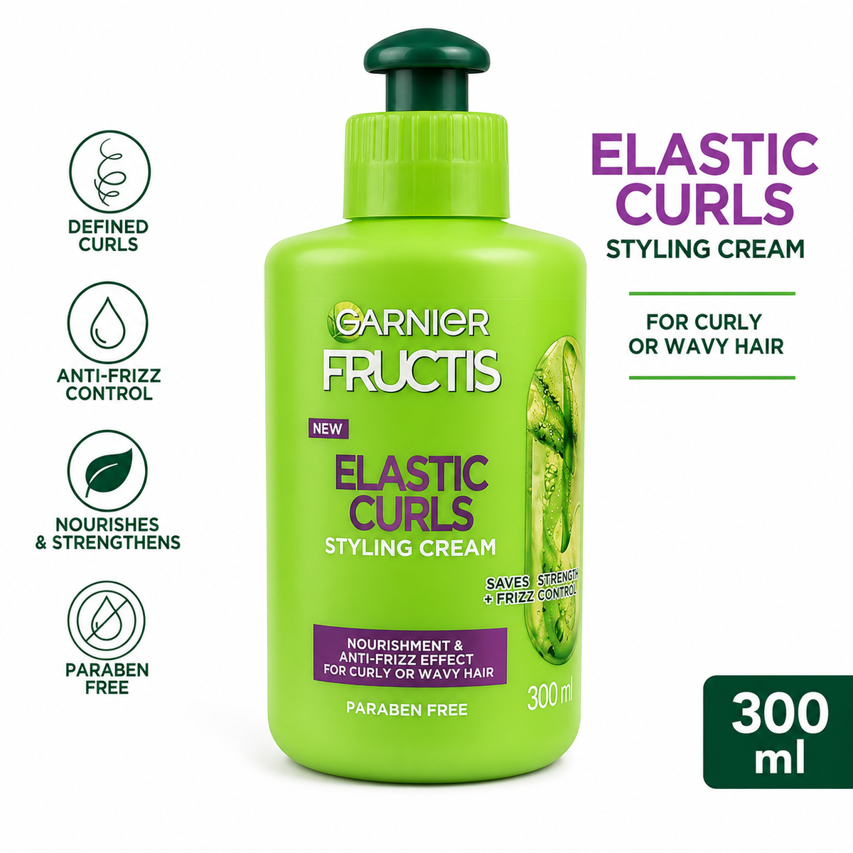Garnier Fructis Elastic Curls Leave-In Styling Cream for Curly & Wavy Hair, Anti-Frizz,