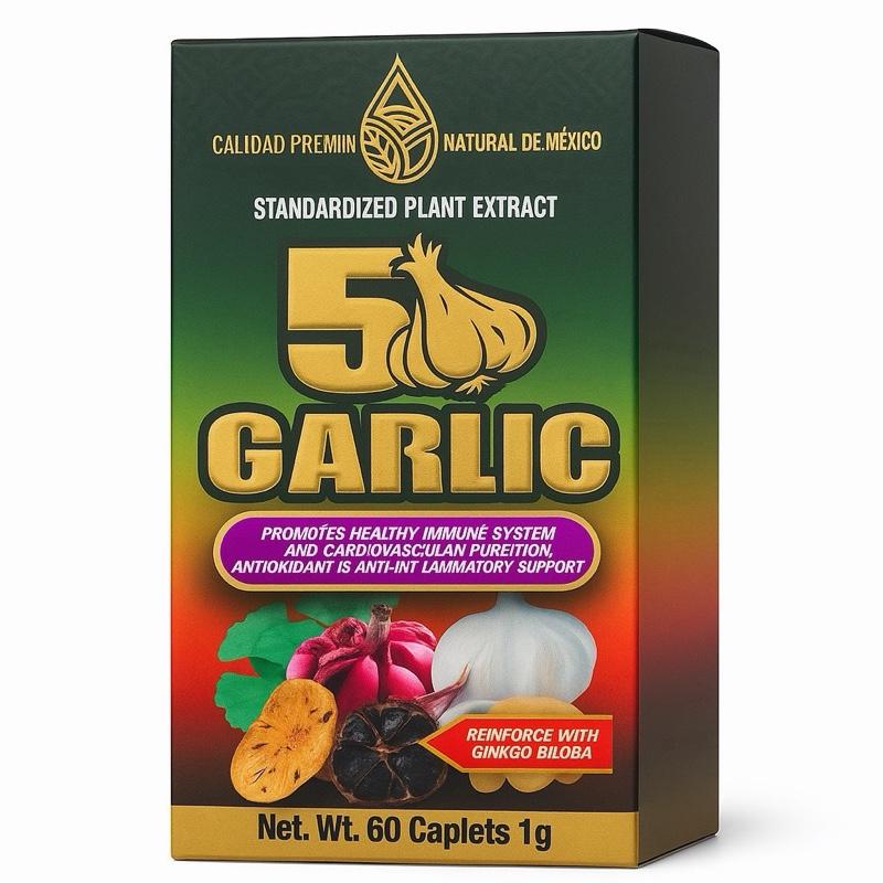 5 Garlic Herbal Supplement with Ginkgo Biloba – Premium Natural Formula, 60 Caplets (1g Each) by Natural De Mexico
