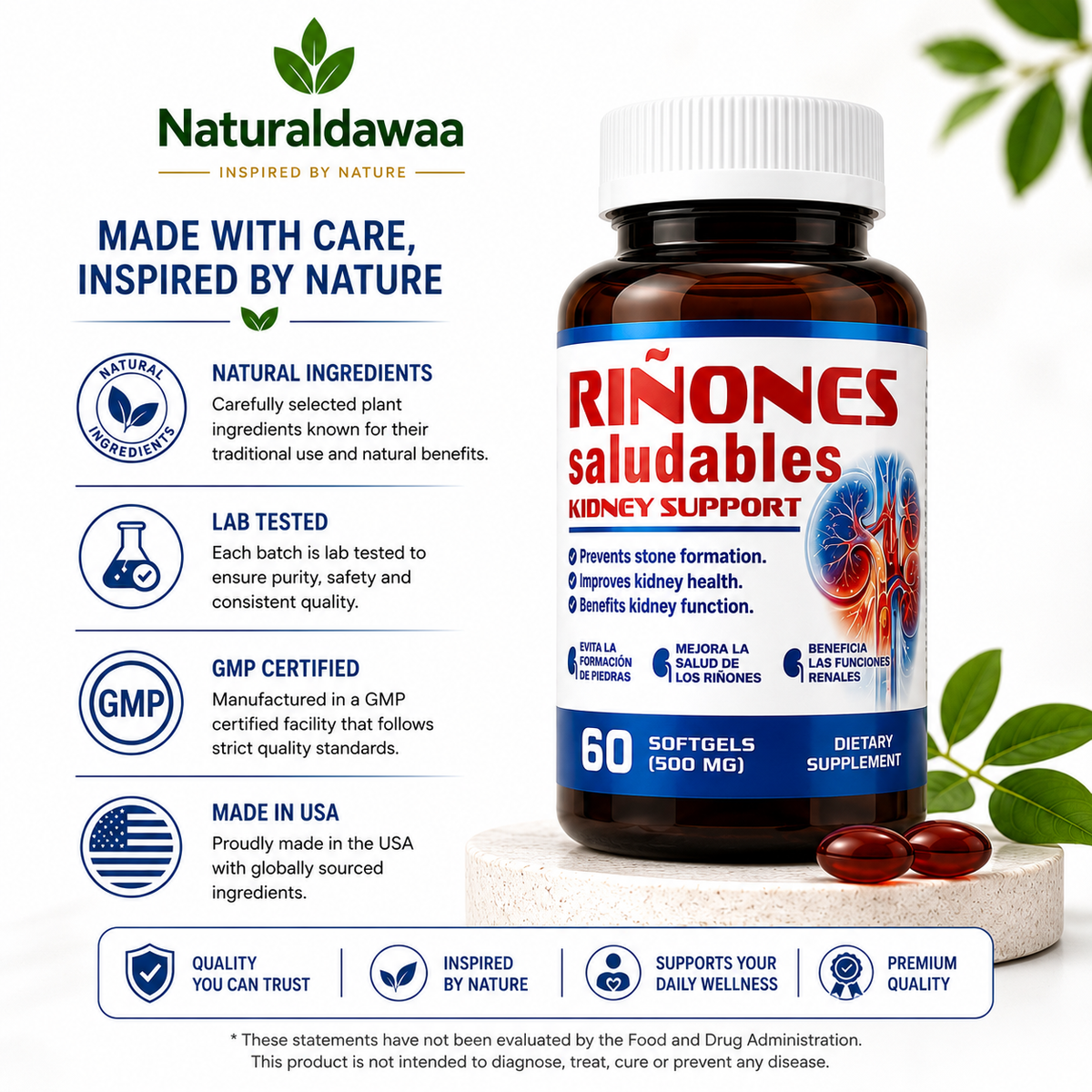 Riñones Saludables Herbal Dietary Supplement, Plant-Based Daily Wellness Formula, 60 Softgels, 500 mg Each