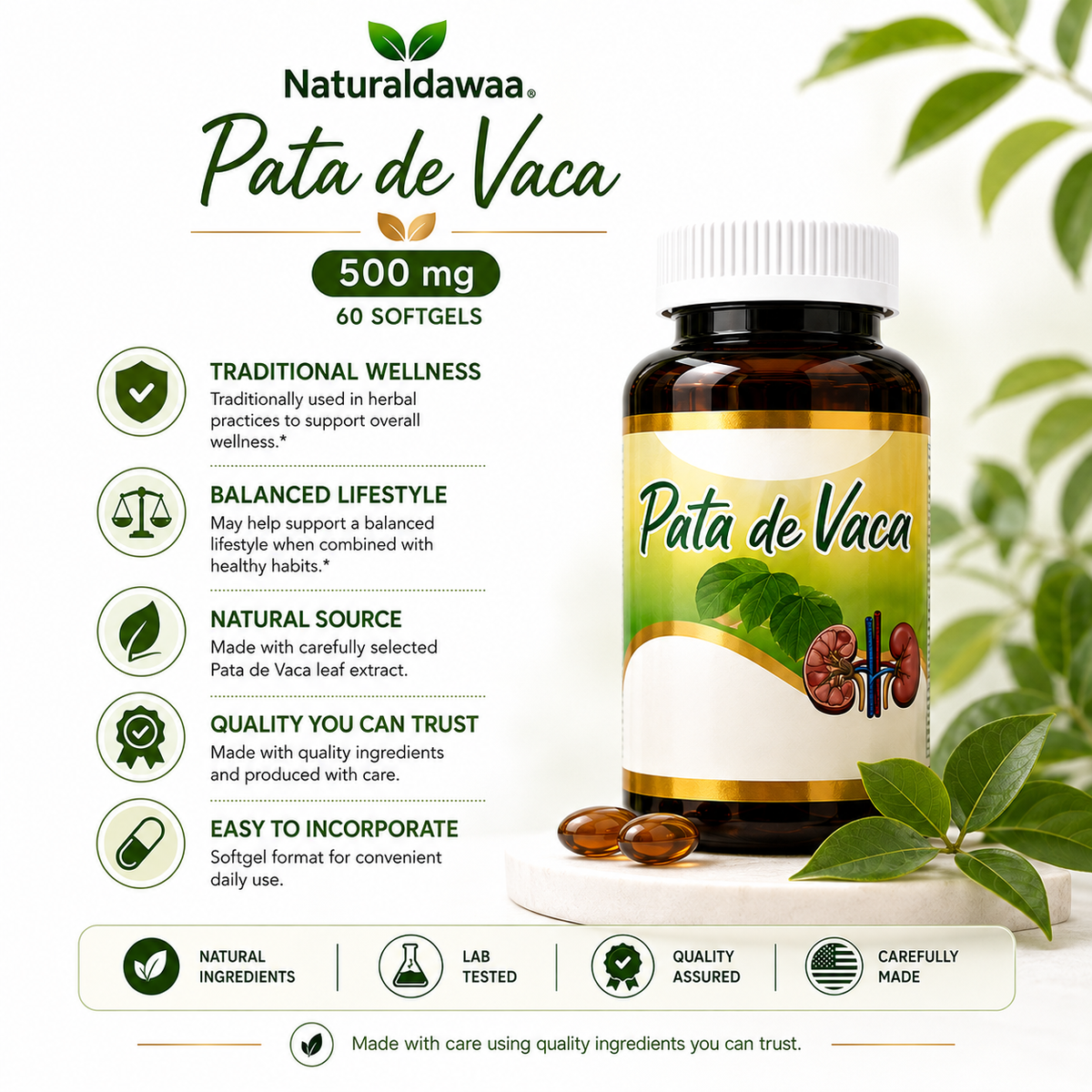 Pata de Vaca Herbal Dietary Supplement, Traditional Plant-Based Daily Wellness Formula, 60 Softgels, 500 mg Each
