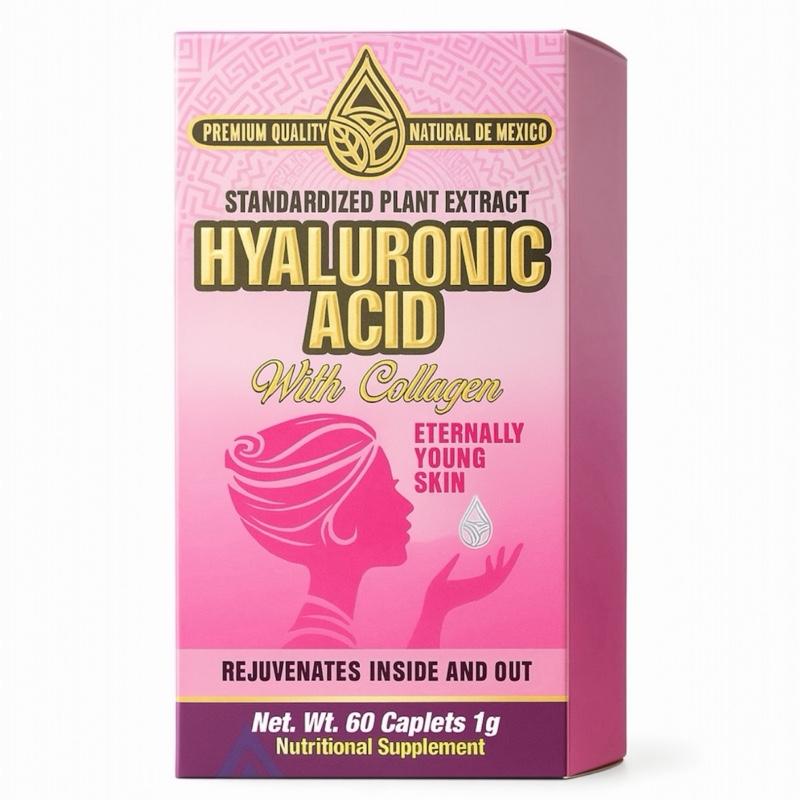 Hyaluronic Acid with Collagen Premium Natural Supplement – 60 Caplets (1g Each) by Natural De Mexico