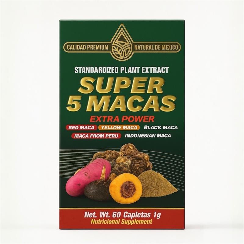 Super 5 Macas Premium Herbal Supplement – 60 Caplets (1g Each) with Red, Yellow & Black Maca from Peru and Indonesia