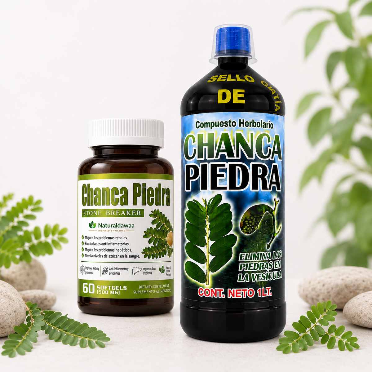 Combo Offer! Chanca Piedra Herbal Supplement Combo – Naturaldawaa Stone Breaker 60 Softgels 500 mg + Liquid Herbal Compound, 1 Liter