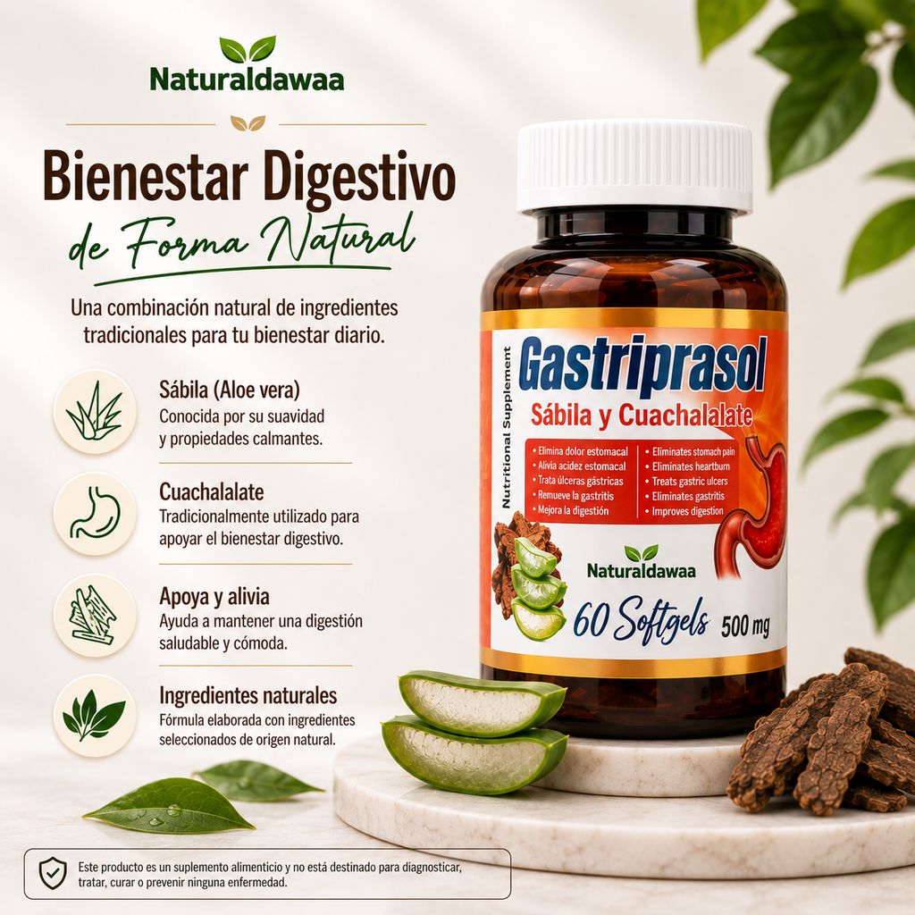 Gastropasol with Aloe Vera and Cuachalalate, Herbal Digestive Wellness Supplement, 60 Softgels, 500 mg Each