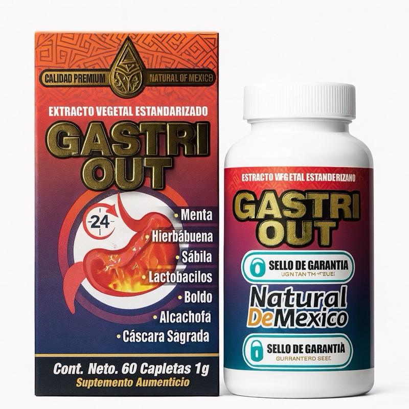 GASTRI OUT Herbal Digestive Support Supplement – 60 Caplets (1g Each) with Mint, Aloe Vera, Boldo, Artichoke & Lactobacillus