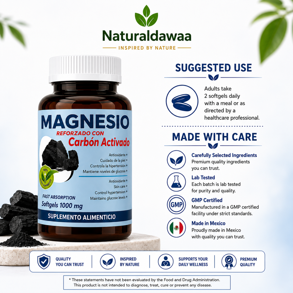 Magnesium with Activated Charcoal Dietary Supplement, Fast-Absorption Softgel Formula, 1,000 mg