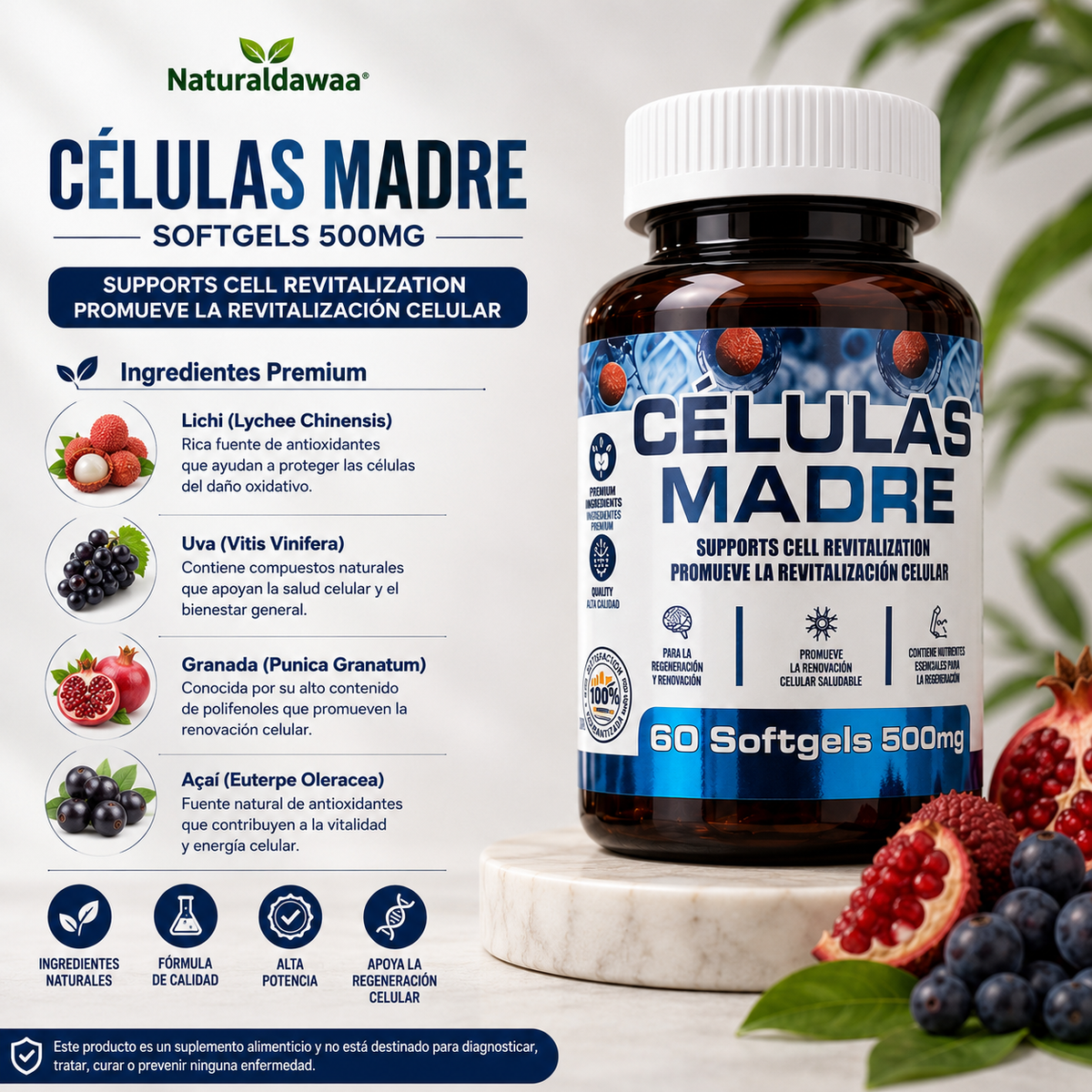Células Madre Dietary Supplement, Premium Daily Wellness Softgel Formula, 60 Softgels, 500 mg Each