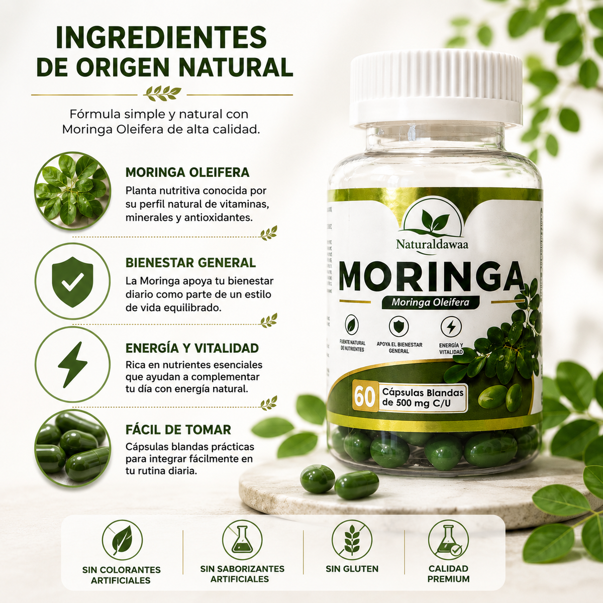 Moringa Oleifera Dietary Supplement, 60 Soft Capsules, 500 mg Each, Plant-Based Daily Wellness Support