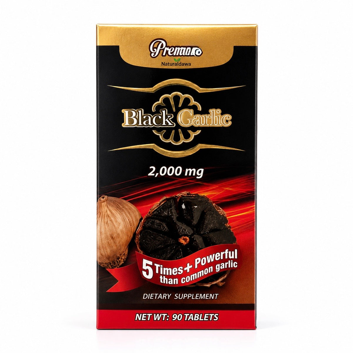 Premano Black Garlic Dietary Supplement, Concentrated 2,000 mg Formula, Daily Wellness Support, 90 Tablets