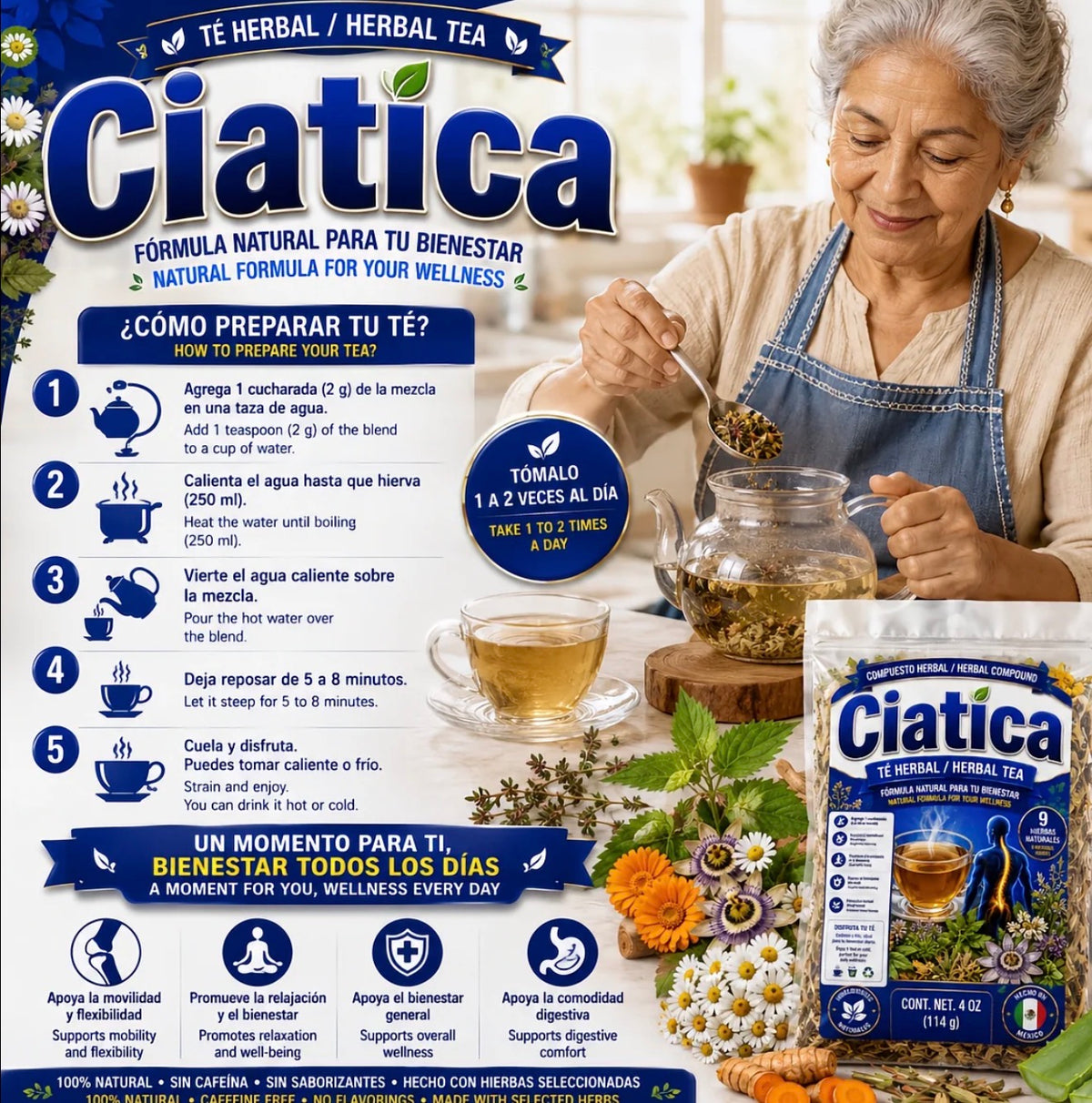 Ciatica Herbal Tea – Traditional 9-Herb Loose-Leaf Blend with Nettle, Turmeric, Willow, Witch Hazel, Passionflower, Calendula & Chamomile, 4 oz