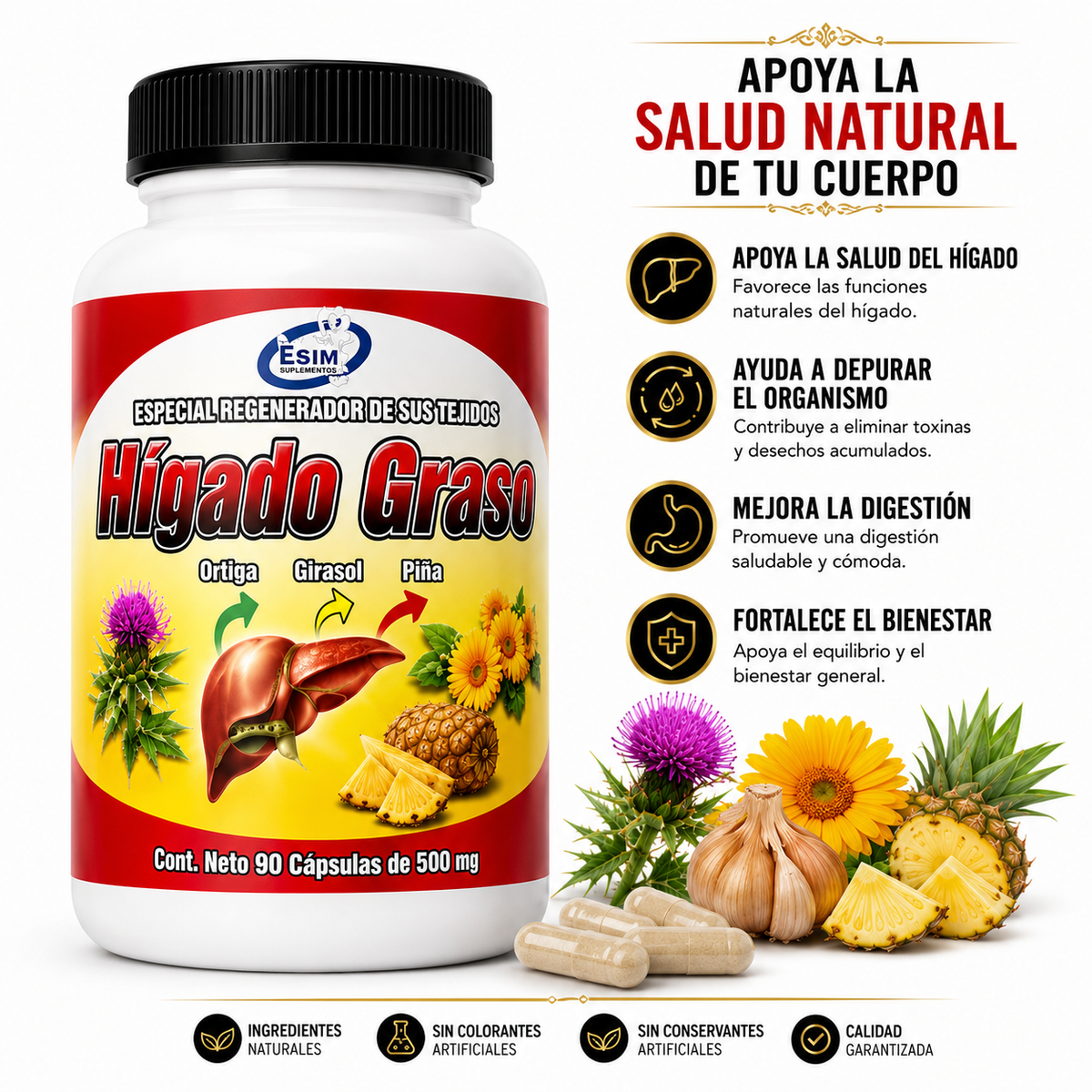 Higado Graso Herbal Dietary Supplement with Nettle, Sunflower and Pineapple, Botanical Wellness Blend, 90 Capsules, 500 mg Each