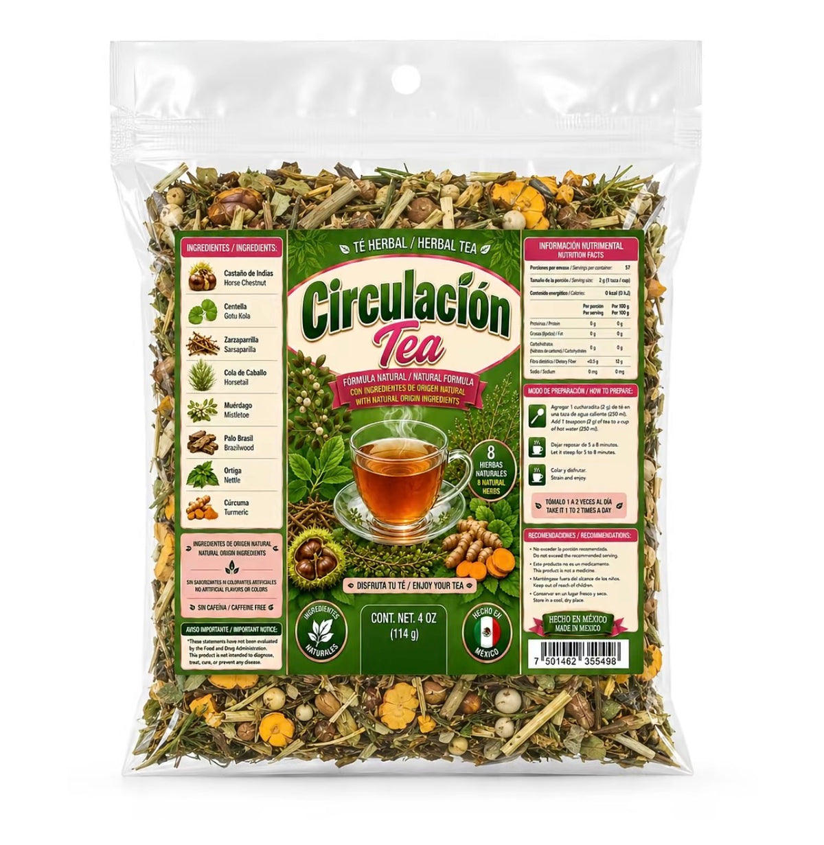 Circulación Tea Herbal Tea – Traditional 8-Herb Loose-Leaf Blend with Horse Chestnut, Gotu Kola, Sarsaparilla, Horsetail, Nettle & Turmeric, 4 oz
