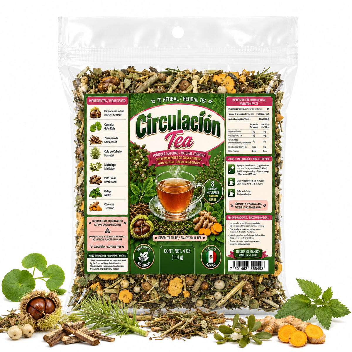 Circulación Tea Herbal Tea – Traditional 8-Herb Loose-Leaf Blend with Horse Chestnut, Gotu Kola, Sarsaparilla, Horsetail, Nettle & Turmeric, 4 oz