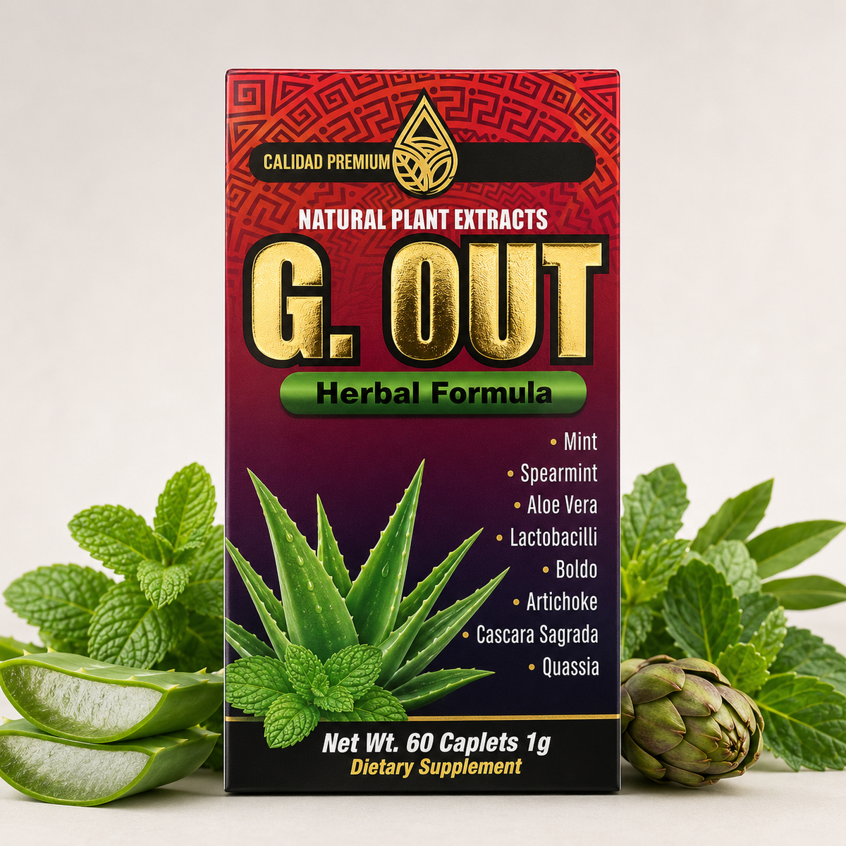 G. OUT Herbal Formula Natural Plant Extract Dietary Supplement – 60 Caplets, 1 g – Mint, Aloe Vera, Artichoke, Boldo & Lactobacilli
