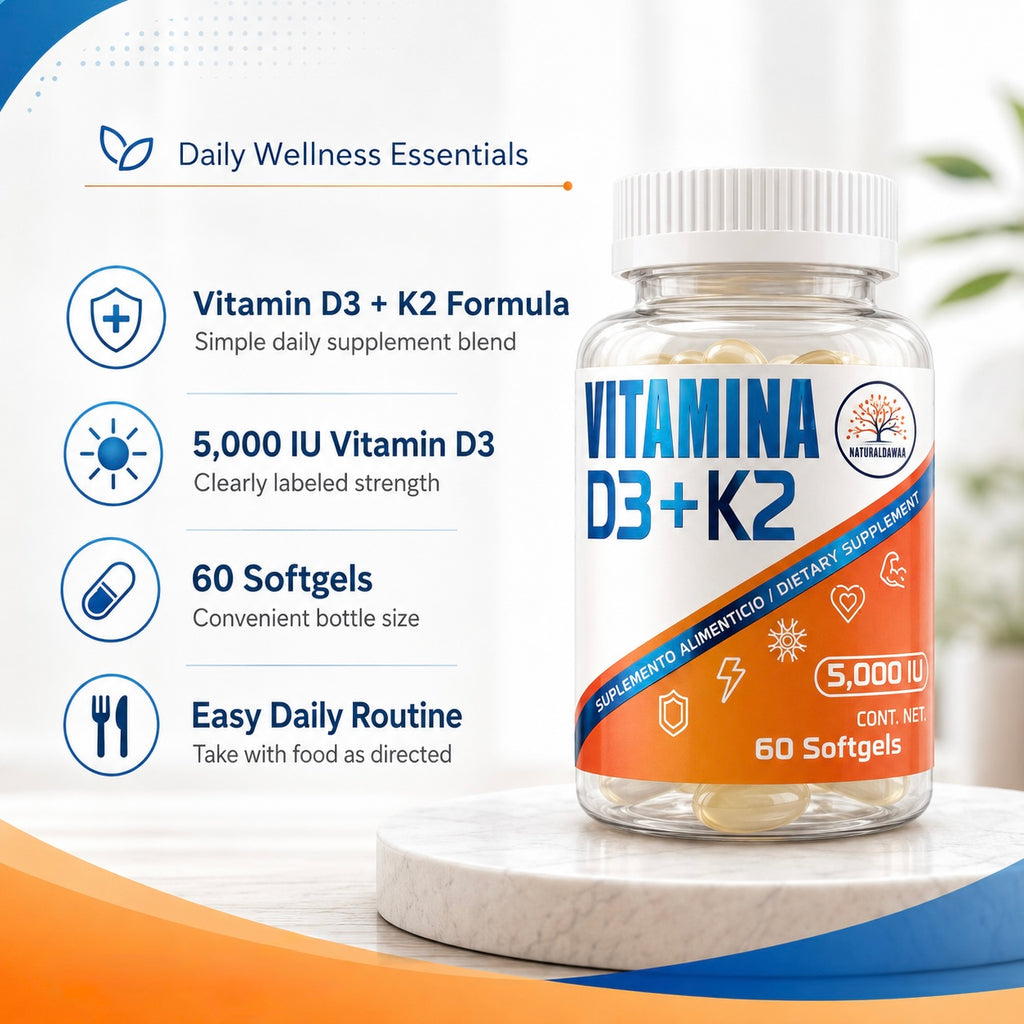 Vitamin D3 + K2 Dietary Supplement, 5,000 IU – 60 Easy-to-Take Softgels
