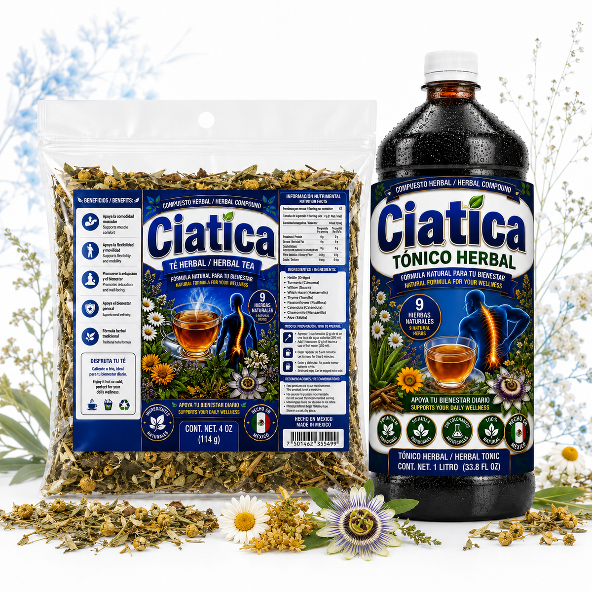 Combo offer! Ciática Herbal Tea & Tonic Combo – 9-Herb Botanical Blend with Nettle, Turmeric, Willow, Chamomile and Aloe, 4 oz Tea + 1 Liter Tonic