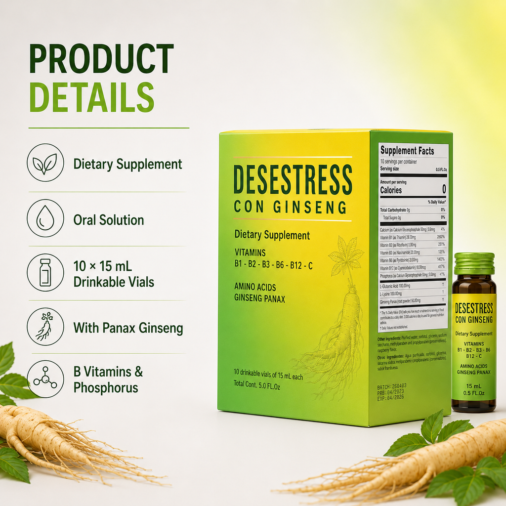 DeseStress con Ginseng Oral Dietary Supplement – Vitamins B1, B2, B3, B6 and B12, 10 Drinkable Vials, 15 mL Each