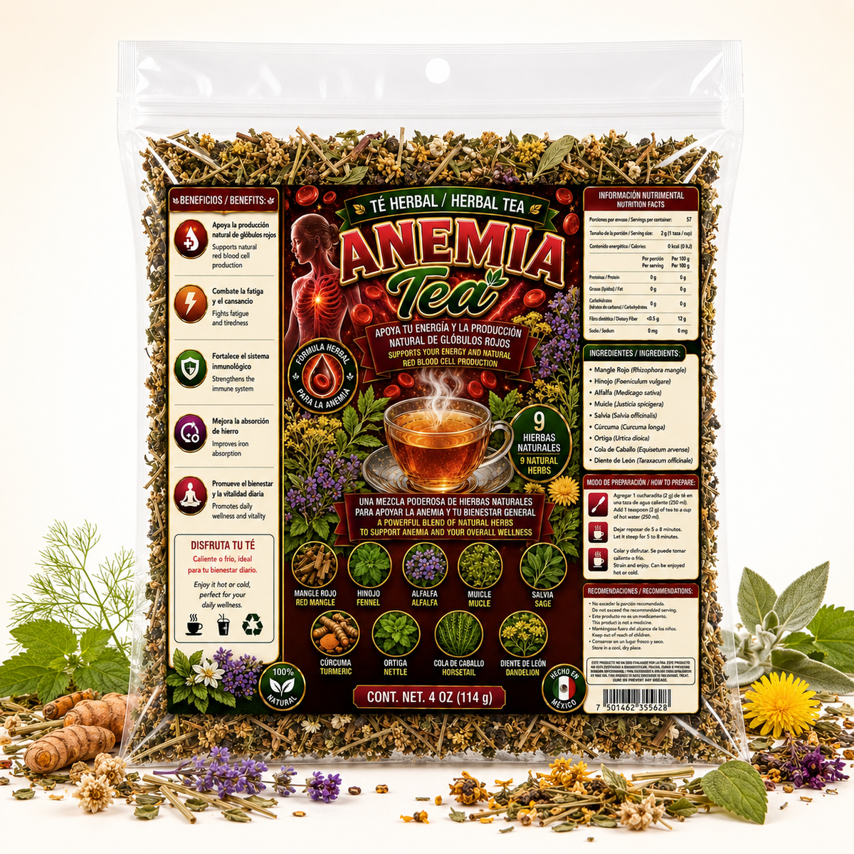 Anemia Tea Herbal Tea – Traditional 9-Herb Loose-Leaf Blend with Red Mangle, Fennel, Alfalfa, Muicle, Sage, Turmeric, Nettle, Horsetail & Dandelion, 4 oz