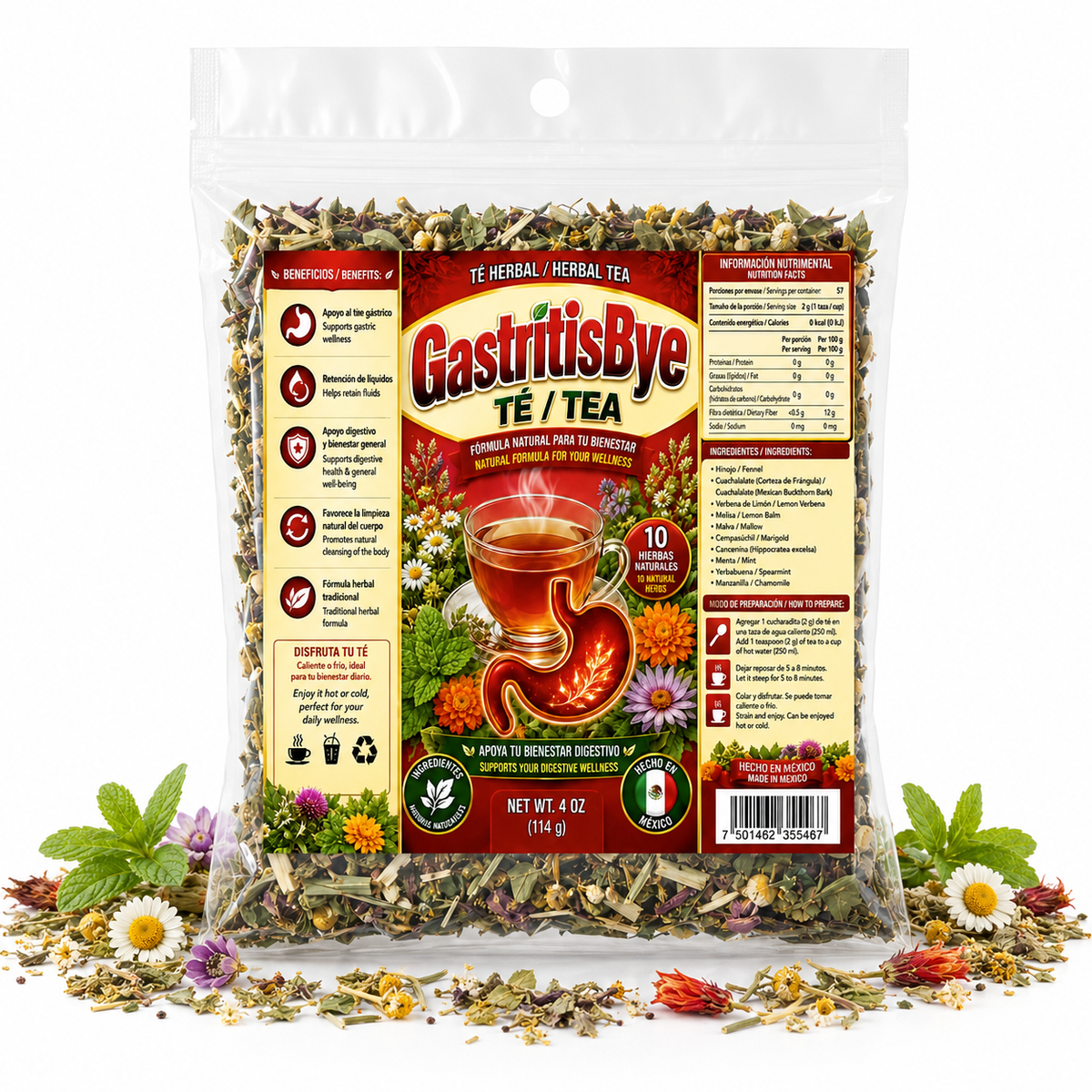 GastritisBye Herbal Tea – Traditional 10-Herb Loose-Leaf Blend with Fennel, Cuachalalate, Lemon Verbena, Mallow, Mint & Chamomile, 4 oz