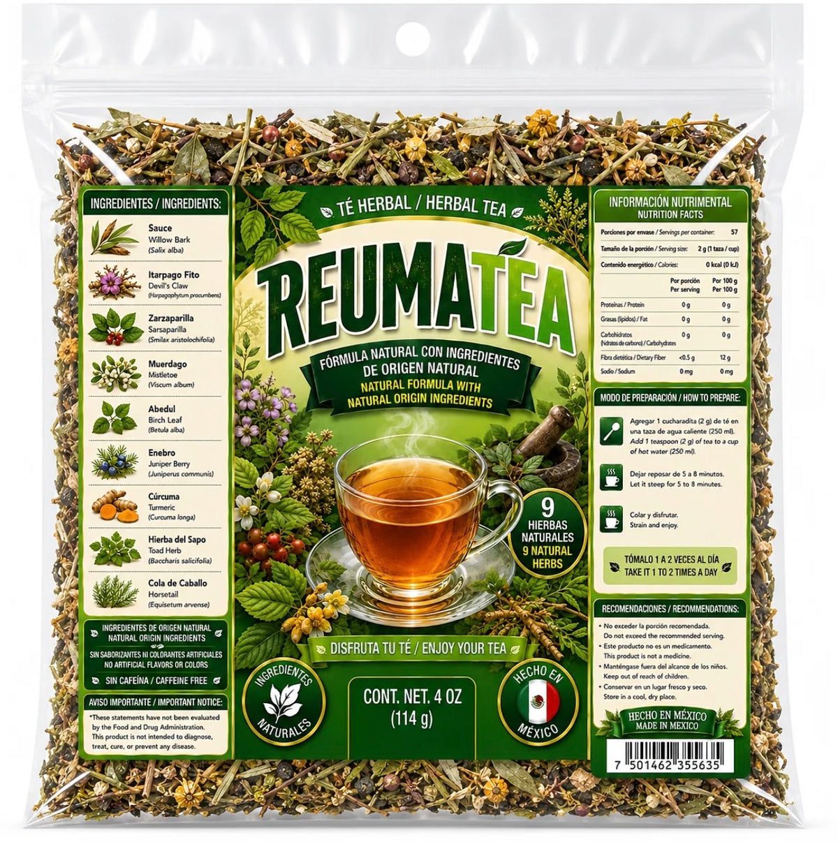 ReumaTea Herbal Tea – Caffeine-Free 9-Herb Loose-Leaf Blend with Willow Bark, Devil’s Claw, Sarsaparilla, Turmeric, Juniper Berry & Horsetail, 4 oz