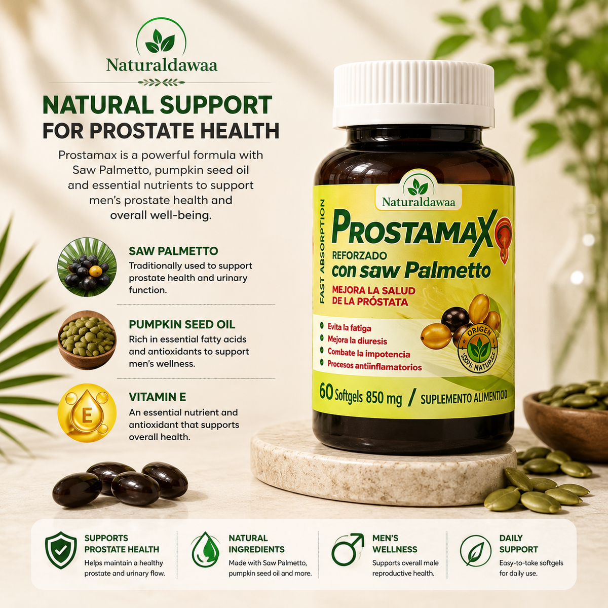ProstaMax Men’s Wellness Supplement with Saw Palmetto, Daily Prostate and Urinary Function Support, 60 Softgels, 850 mg