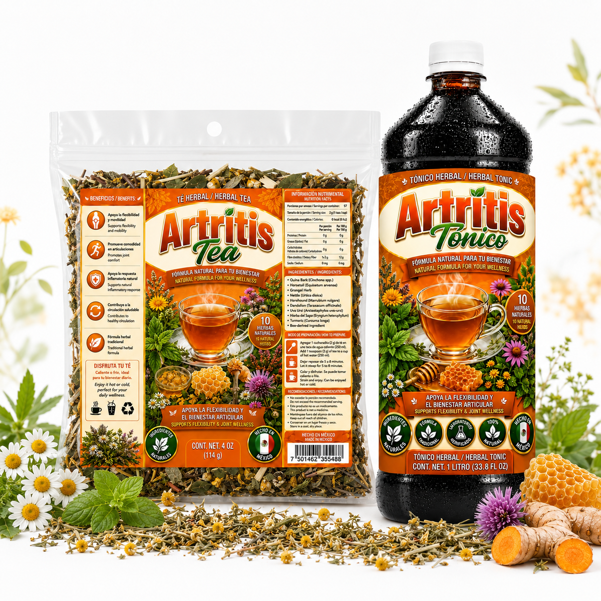 Combo Offer! Artritis Herbal Tea & Tonic Combo – 10-Ingredient Blend with Turmeric, Nettle, Horsetail and Dandelion, 4 oz Tea + 1 Liter Tonic