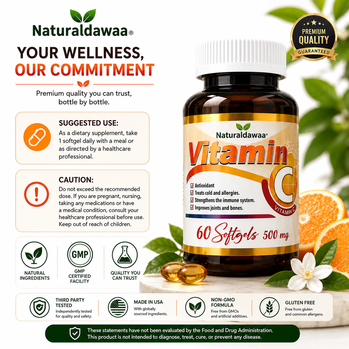 Vitamin C Dietary Supplement, Antioxidant and Immune Wellness Support, 60 Softgels, 500 mg Each