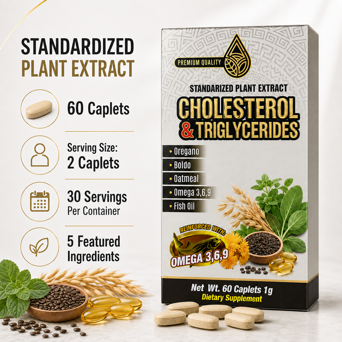 Cholesterol & Triglycerides Standardized Plant Extract Dietary Supplement – 60 Caplets, 1 g – Oregano, Boldo, Oatmeal, Omega 3-6-9 & Fish Oil