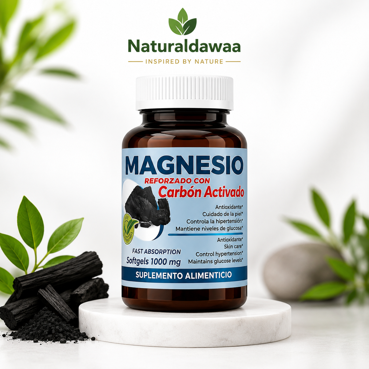 Magnesium with Activated Charcoal Dietary Supplement, Fast-Absorption Softgel Formula, 1,000 mg
