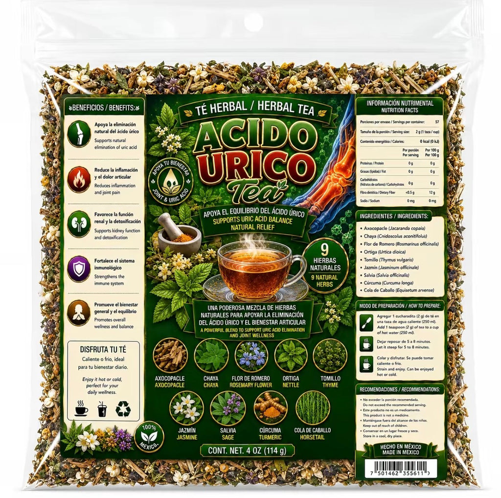 Ácido Úrico Tea – 9-Herb Loose-Leaf Botanical Blend with Chaya, Nettle, Turmeric, Horsetail, Rosemary, Thyme, Sage and Jasmine, 4 oz