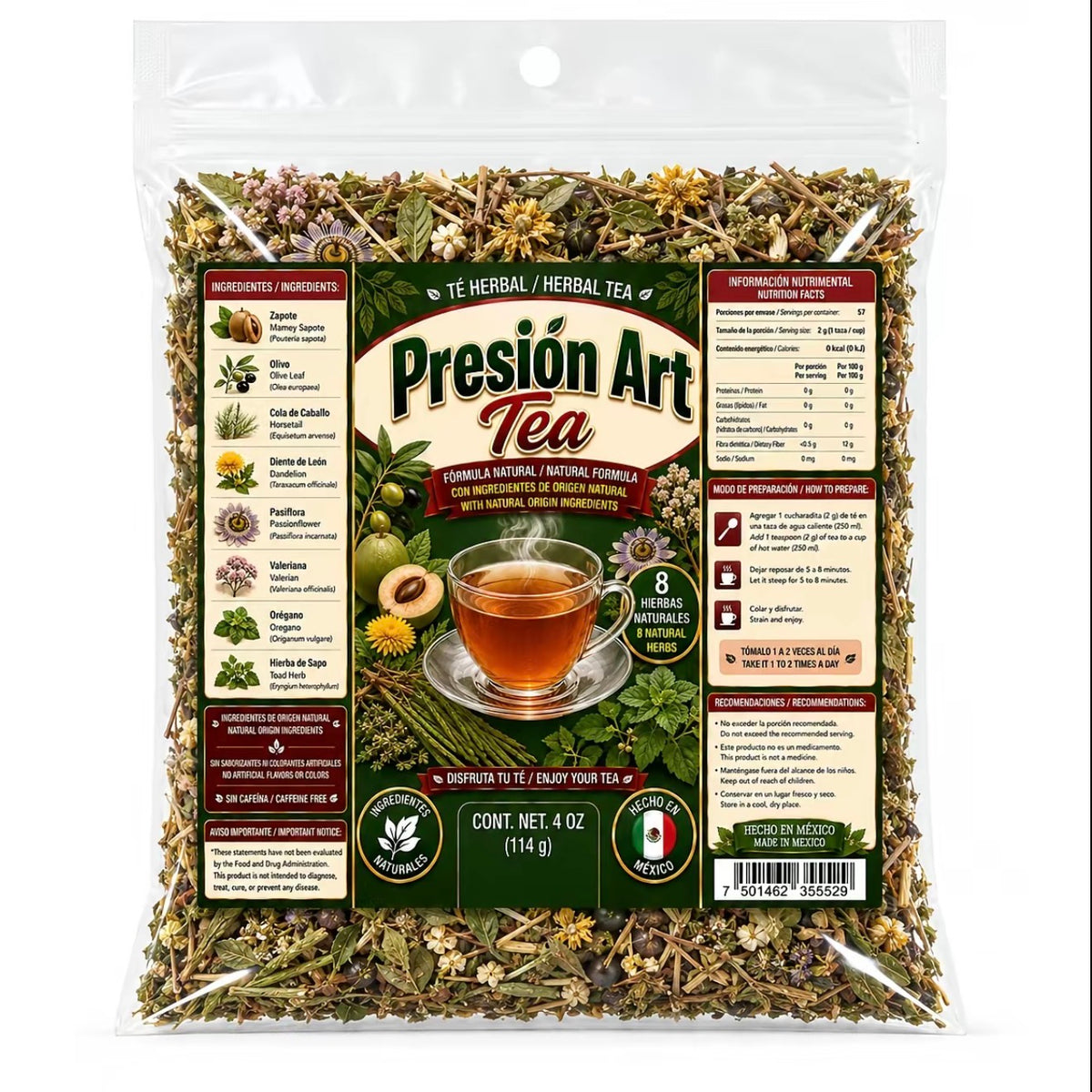 Presion Art Herbal Tea – Caffeine-Free 8-Herb Loose-Leaf Blend with Mamey Sapote, Olive Leaf, Horsetail, Passionflower, Valerian & Oregano, 4 oz