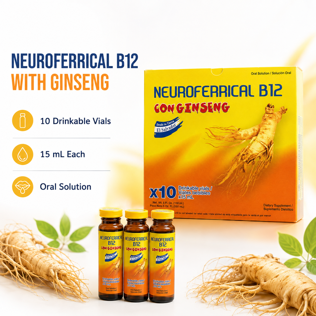 Neuroferrical B12 con Ginseng Oral Dietary Supplement – 10 Drinkable Vials, 15 mL Each, 150 mL Total
